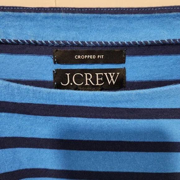 J. Crew Women's Classic Long Sleeve Boat Neck Striped Blue Cropped Top- XS - Picture 2 of 6